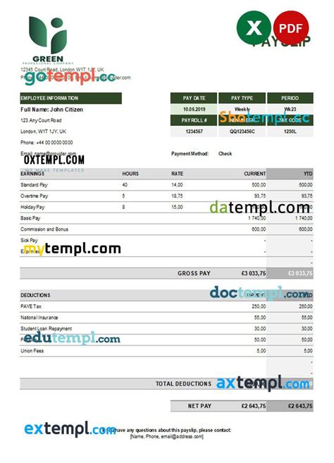 Green Industry Earning Statement Fake Template In Excel And Pdf Formats