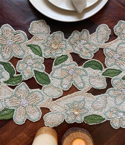 Handmade Table Runner Beaded Runner Floral Cutwork Bead Etsy