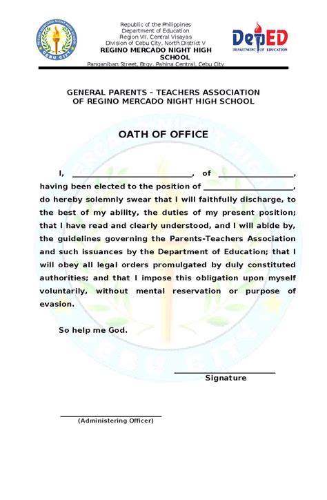 PTA OATH OF Office - GENERAL PARENTS – TEACHERS ASSOCIATION OF REGINO