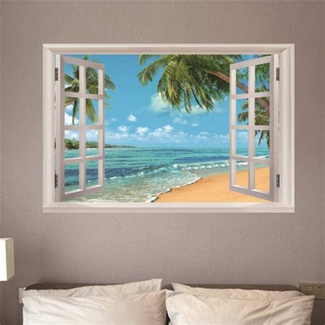 3D Autocollant Mural Fausse Fenêtre Ciel bleu mer cocotier Stickers