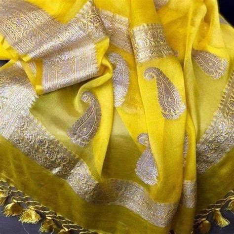 Yellow Exclusive Durga Puja Zari Pure Chiffon Banarasi Silk Handwoven