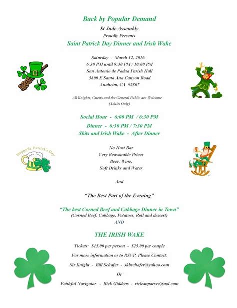 Irish Wake March 12 - Knights of Columbus Orange County Chapter