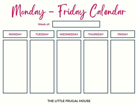 printable calendar monday  friday  weekly color options