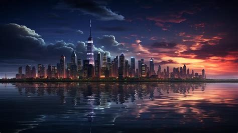 Premium AI Image | a city at night with a skyline and many lights and ...