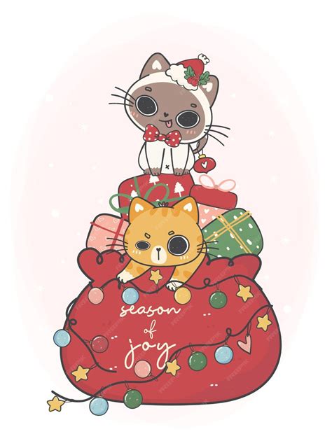 Premium Vector Two Cute Naughty Kitten Cats In Santa Red Bag With