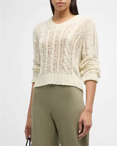 Vince Textured Wool Blend Cable Knit V Neck Sweater Cream Editorialist