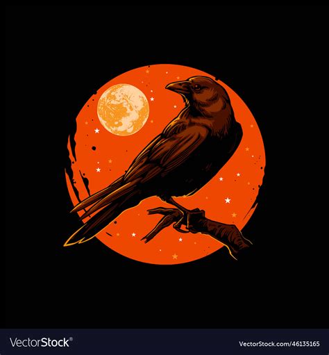 Crow with orange moon artwork Royalty Free Vector Image