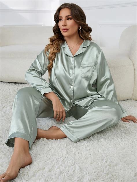 Plus Contrast Piping Satin PJ Set SHEIN USA