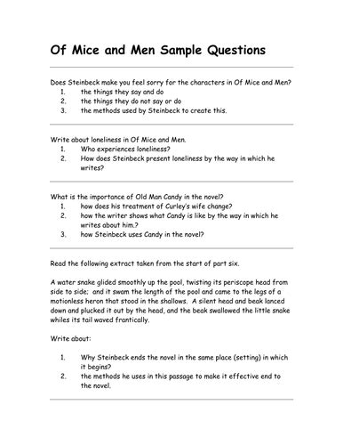 Of Mice And Men By John Steinbeck Worksheet Teaching Resources