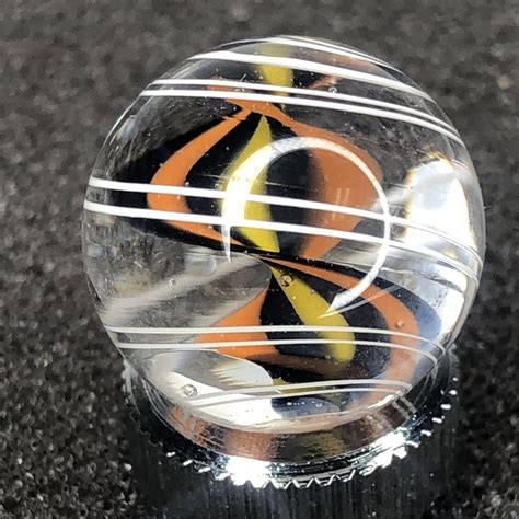 Handmade Contemporary Art Glass Marble 70 Black Orange Yellow Ribbon Cane Mib Borosilicate