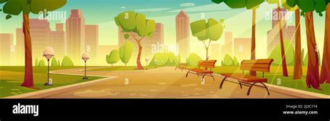 City Park With Benches Summer Scenery Landscape Urban Garden With