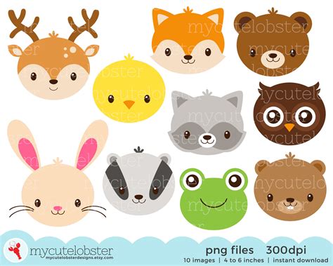 Woodland Animal Faces Clipart Set cute animals rabbit | Etsy