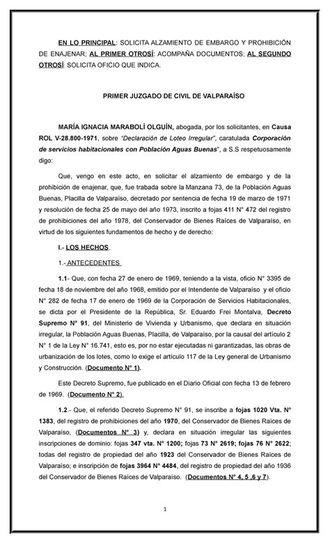 Solicitud de alzamiento de embargo y prohibición de enajenar EN LO