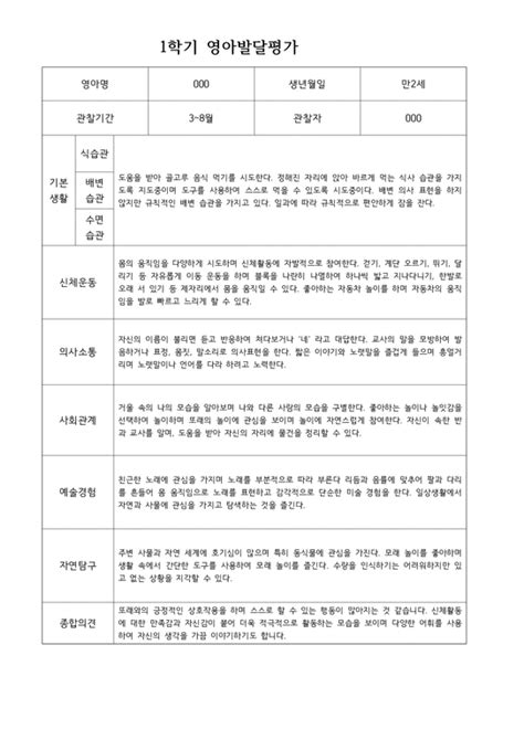 1학기 영아 발달 평가 만 2세 기업회사