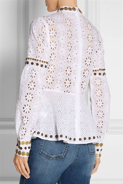 White Embellished Broderie Anglaise Cotton Top Anna Sui