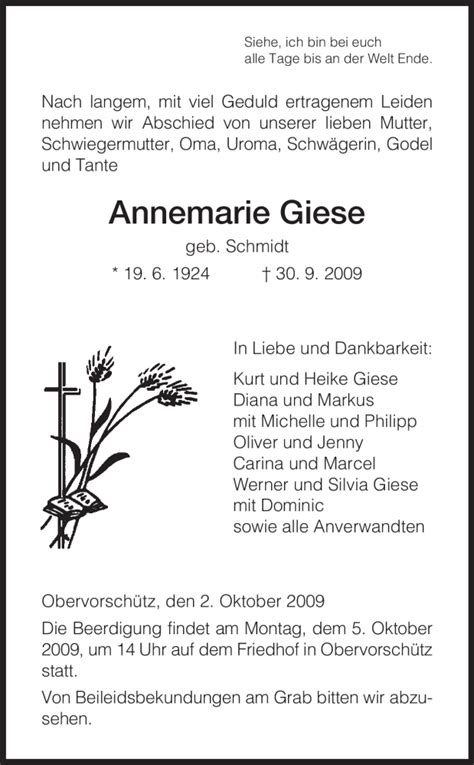 Traueranzeigen Von Annemarie Giese Trauer HNA De