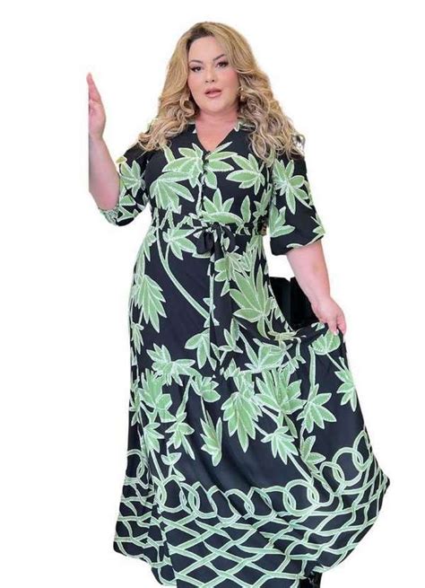 Vestido Longo Plus Size Com Decote Em V Verde Ana Maya Curves