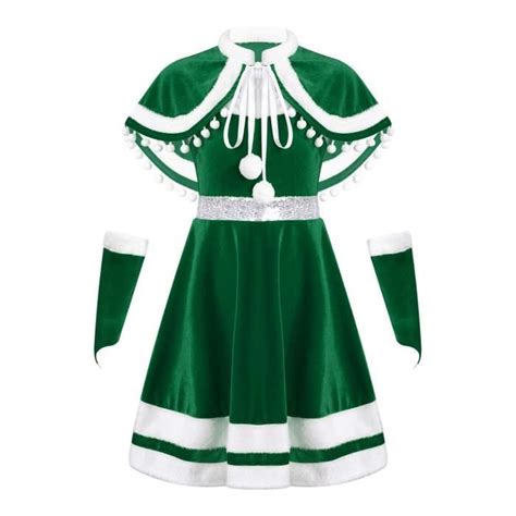 Inlzdz Enfant Fille Ensemble Déguisement Mère Noël Lutin Robe Cape