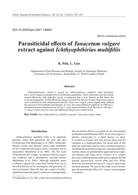 Pdf Parasiticidal Effects Of Tanacetum Vulgare Extract Against