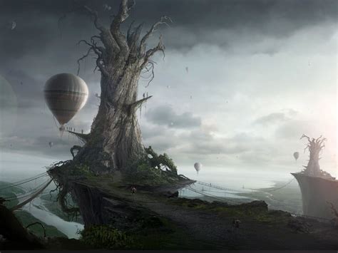 Online Crop Withered Tree House Illustration Hot Air Balloons