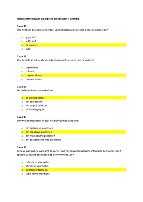 Oefententame Biologische Grondslagen Cognitie Oefen Examenvragen