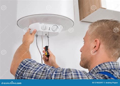 Worker Fixing Electric Boiler Stock Image Image Of Installation Male