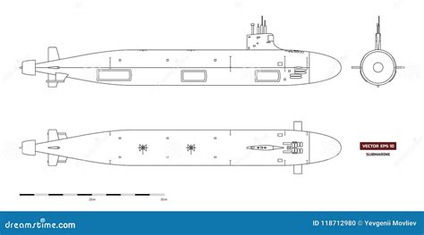 Blueprint Of Submarine Military Ship Top Front And Side View