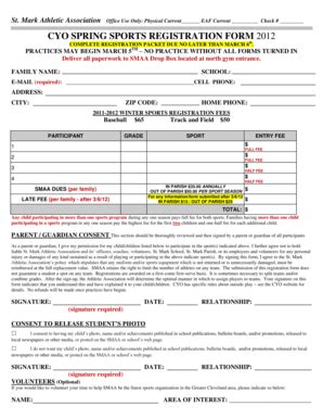 Fillable Online CYO SPRING SPORTS REGISTRATION FORM 2012 St Mark