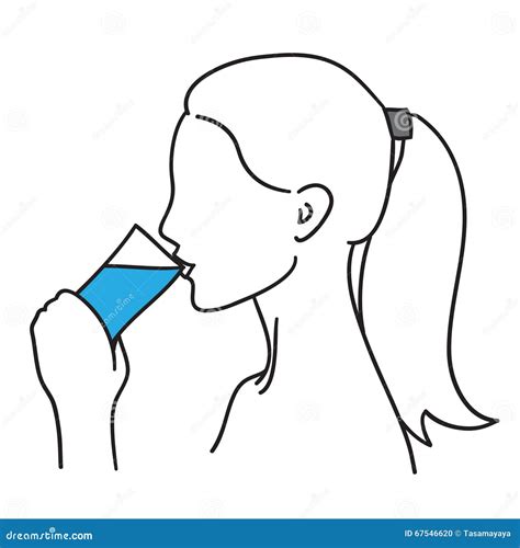 Woman Drinking Water Vector Illustration Black Line Stock Vector