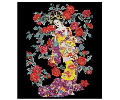 Japanese Geisha Cross Stitch Pattern Sakura Woman Chinese Etsy