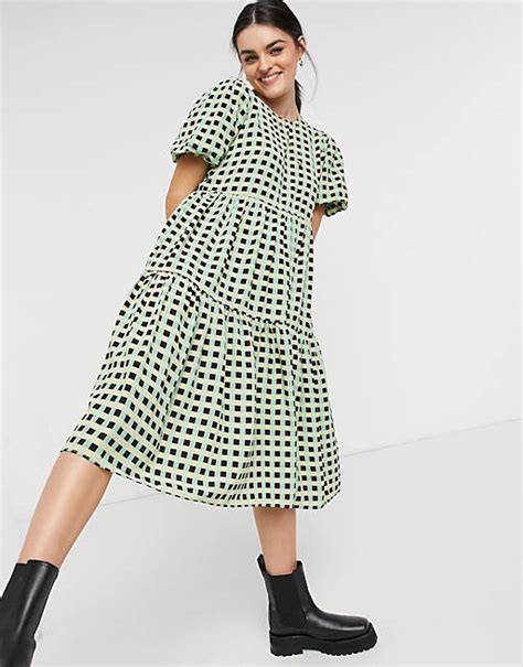 Glamorous Midi Smock Dress With Tiered Skirt In Check Asos