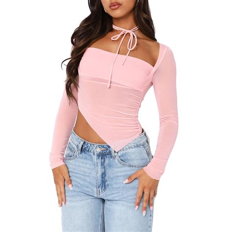 Okbabeha Women Sexy Mesh Sheer T Shirt Long Sleeve Square Neck Crop