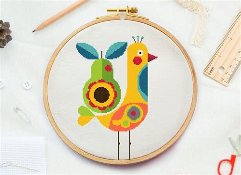 Cross Stitch Pattern Yellow Bird Pear Cross Stitch Pattern Embroidery