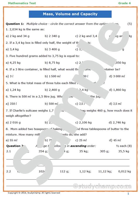 Grade 4 Mathematics Test Measurement Capacity Volume And Mass