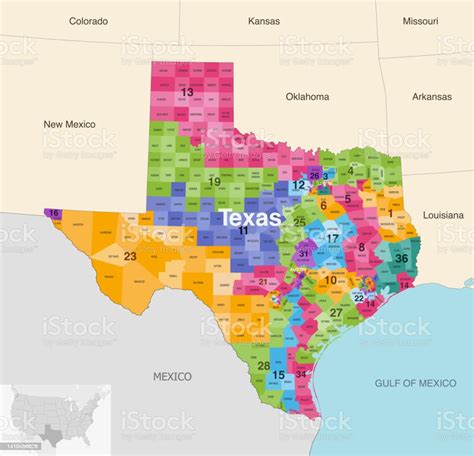 Texas State Counties Colored By Congressional Districts Vector Map With Neighbouring States And