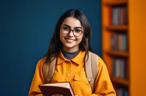 Premium Ai Image A Girl With Glasses And A Yellow Shirt Holds A Book