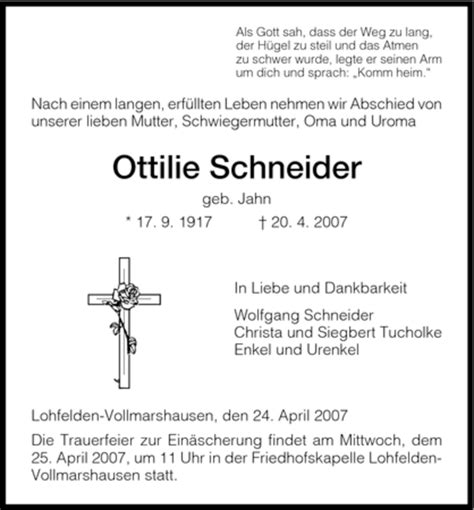 Traueranzeigen Von Ottilie Schneider Trauer Hna De