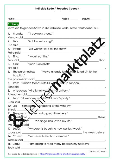 Indirekte Rede Indirect Speech Reported Speech Arbeitsblätter mit