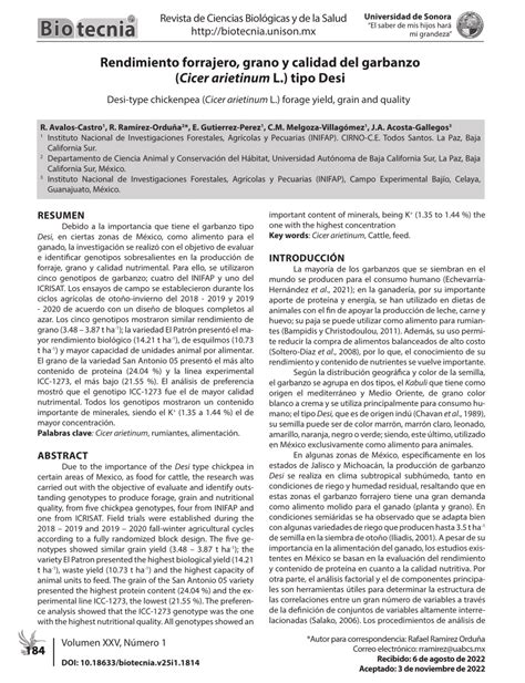 Pdf Rendimiento Forrajero Grano Y Calidad Del Garbanzo Cicer