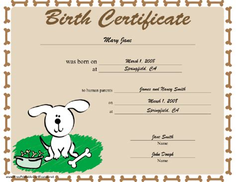 Dog Birth Certificate Printable Certificate