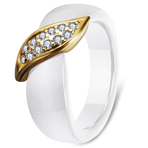 Bague Ceramique Blanche Plaque Or Polie Serti Zirconium BijouxStore