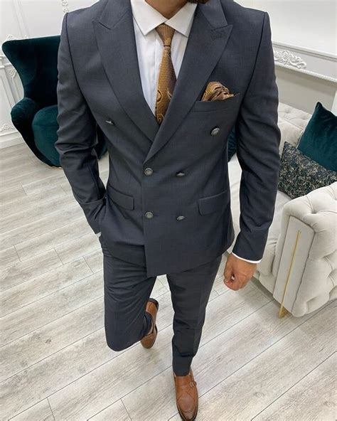 Brown Slim Fit Double Breasted Striped Suit For Men Bespokedailyshop