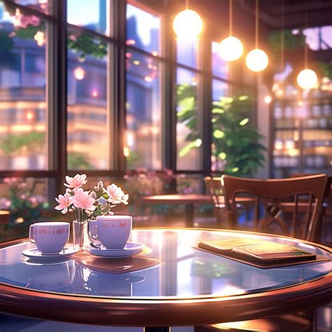 Medium close-up anime-style depiction of an aesthetic cafe i... by ...