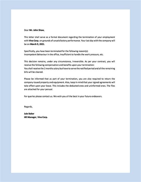 Termination Letter Template For Poor Performance