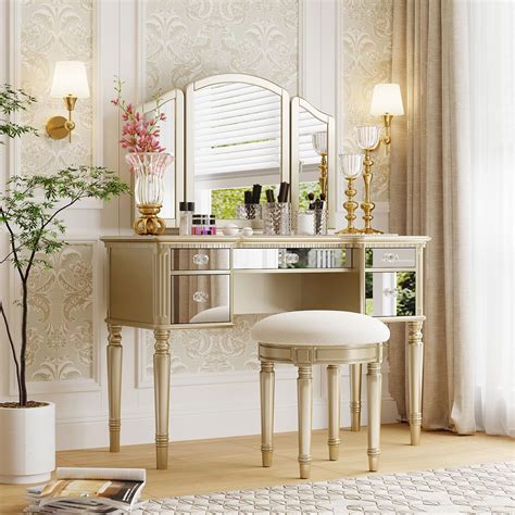 Flieks Dressing Table Set With Mirrored Drawers And Stool Tri Fold