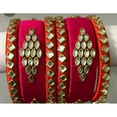 Kundan Women Silk Thread Red Bangle Set Round At Rs Set In