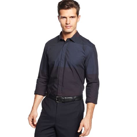 Calvin Klein Long Sleeve Horizontal Colorblock Slim Fit Shirt In Blue