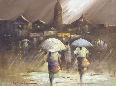 Alfredo Buenaventura Filipino 1942 1982 Women In The Rain Oil On