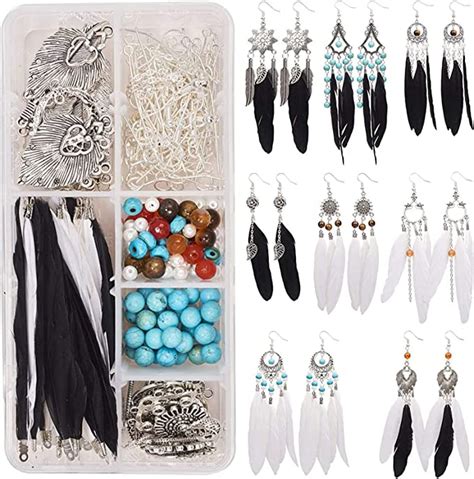 SUNNYCLUE 1 Box DIY 8 Pairs Bohemia Black White Long Feathers Dangle