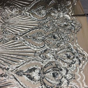 Matte Silver Sequin Nude Mesh Damask Design Selena Design On A 4 Way Stretch Sequin Lace Mesh